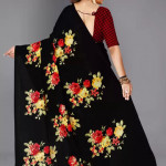 Saree in black pure Georgette with floral print