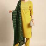 Women Mustard Yellow Yoke Design Foil Printed Kurta with Trousers & Dupatta